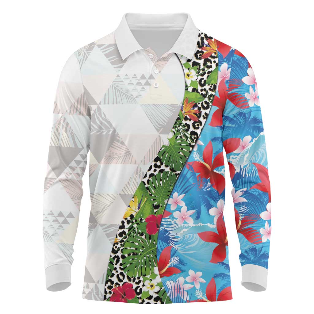 Hawaiian Tropical Flowers and Leaves Long Sleeve Polo Shirt on Leopard Pattern Half Style White-Blue Version - Polynesian Pride