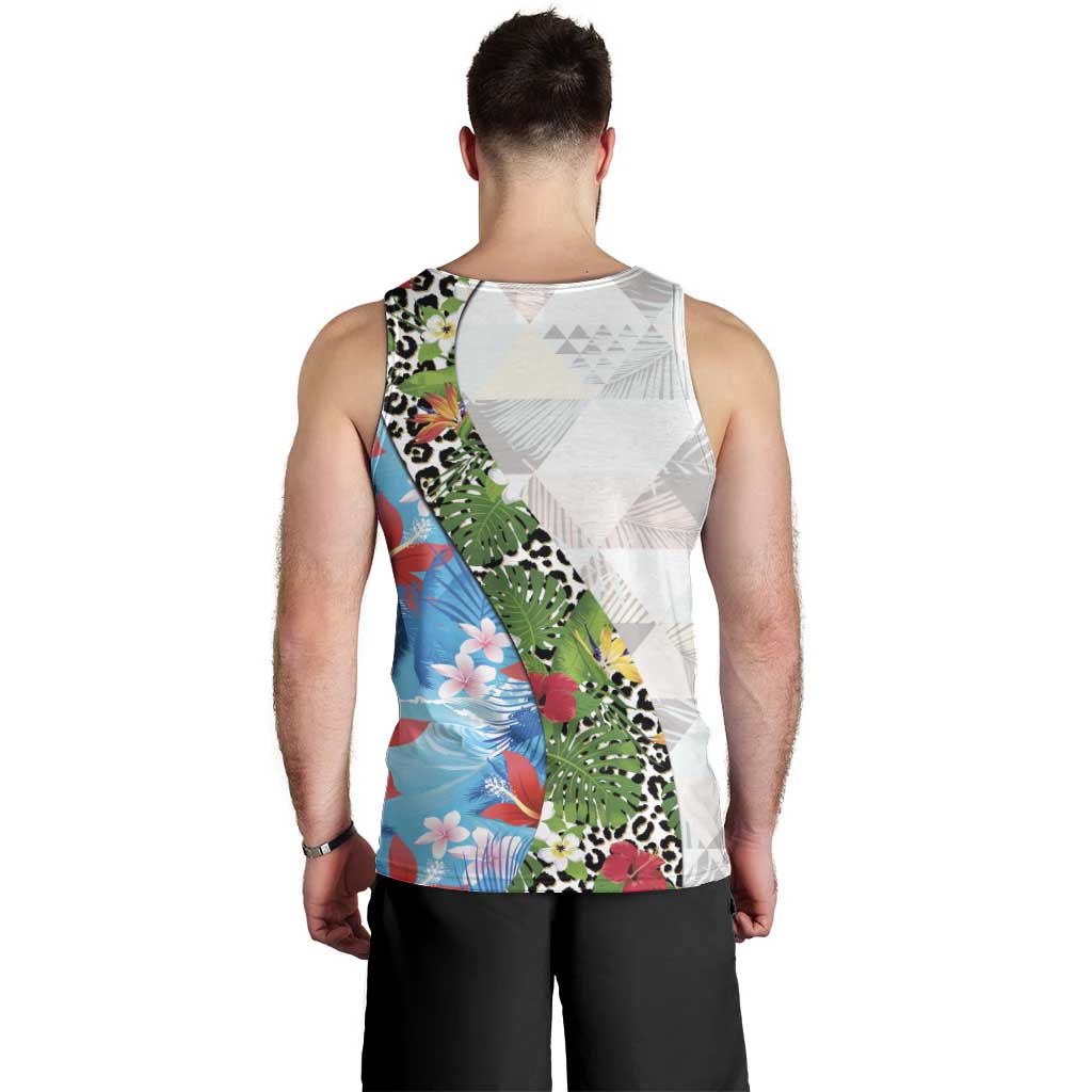 Hawaiian Tropical Flowers and Leaves Men Tank Top on Leopard Pattern Half Style White-Blue Version - Polynesian Pride