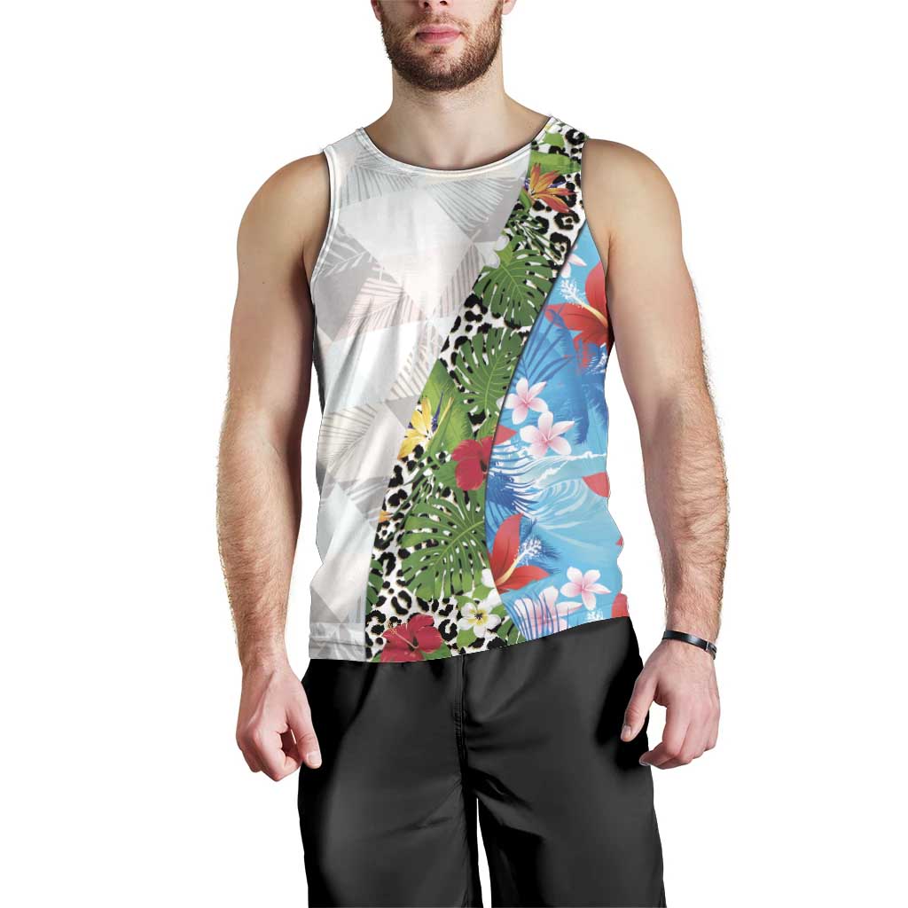Hawaiian Tropical Flowers and Leaves Men Tank Top on Leopard Pattern Half Style White-Blue Version - Polynesian Pride