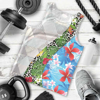 Hawaiian Tropical Flowers and Leaves Men Tank Top on Leopard Pattern Half Style White-Blue Version - Polynesian Pride