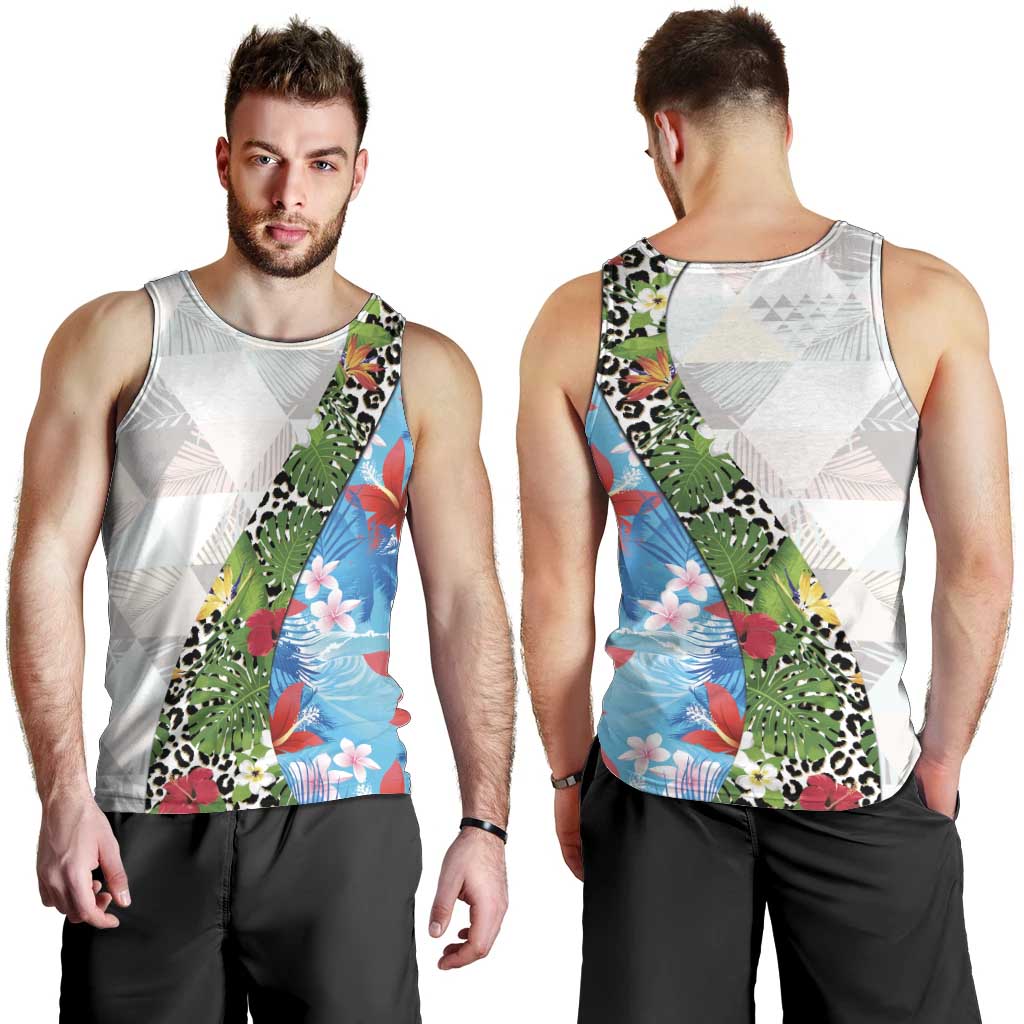 Hawaiian Tropical Flowers and Leaves Men Tank Top on Leopard Pattern Half Style White-Blue Version - Polynesian Pride