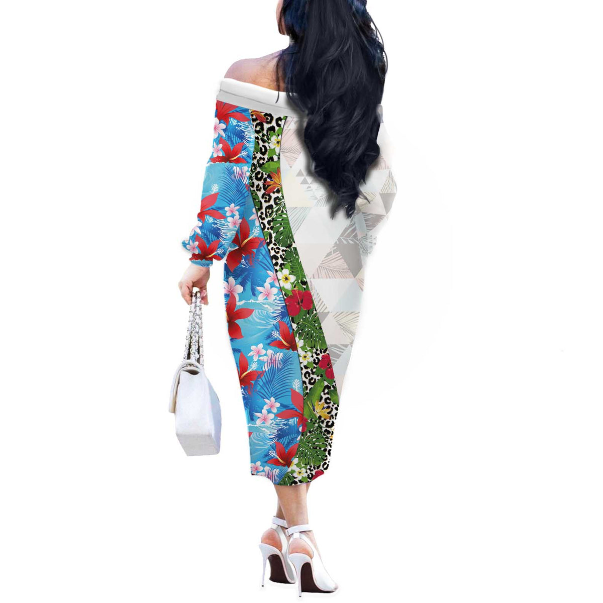 Hawaiian Tropical Flowers and Leaves Off The Shoulder Long Sleeve Dress on Leopard Pattern Half Style White-Blue Version - Polynesian Pride