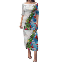 Hawaiian Tropical Flowers and Leaves Puletasi on Leopard Pattern Half Style White-Blue Version - Polynesian Pride