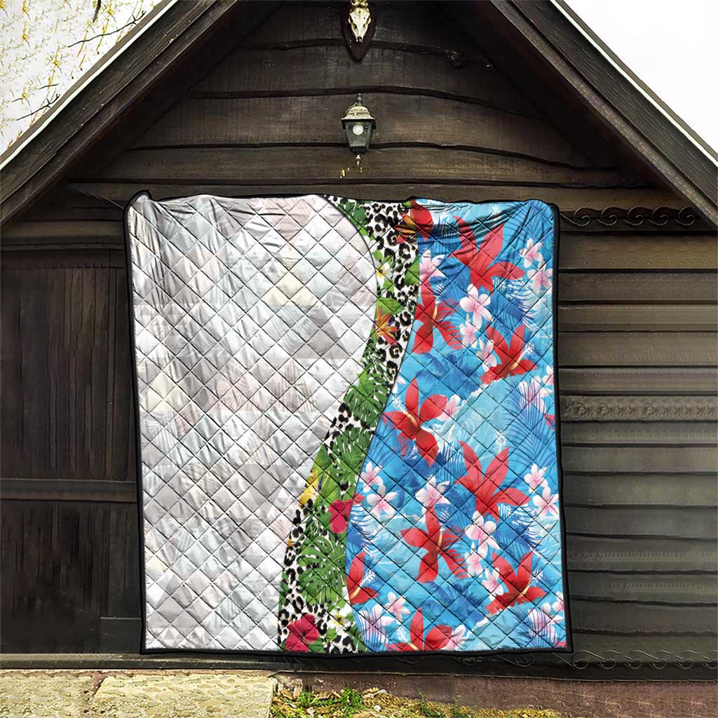 Hawaiian Tropical Flowers and Leaves Quilt on Leopard Pattern Half Style White-Blue Version - Polynesian Pride