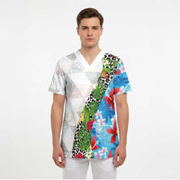 Hawaiian Tropical Flowers and Leaves Scrub Top on Leopard Pattern Half Style White-Blue Version - Polynesian Pride