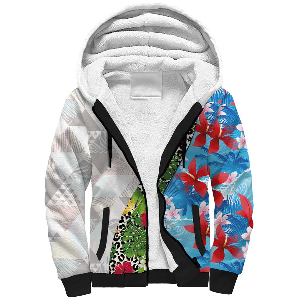 Hawaiian Tropical Flowers and Leaves Sherpa Hoodie on Leopard Pattern Half Style White-Blue Version - Polynesian Pride
