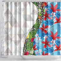 Hawaiian Tropical Flowers and Leaves Shower Curtain on Leopard Pattern Half Style White-Blue Version - Polynesian Pride
