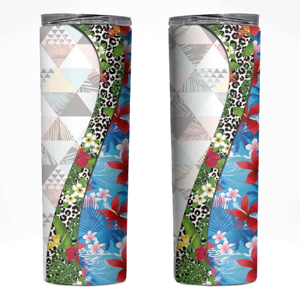 Hawaiian Tropical Flowers and Leaves Skinny Tumbler on Leopard Pattern Half Style White-Blue Version - Polynesian Pride