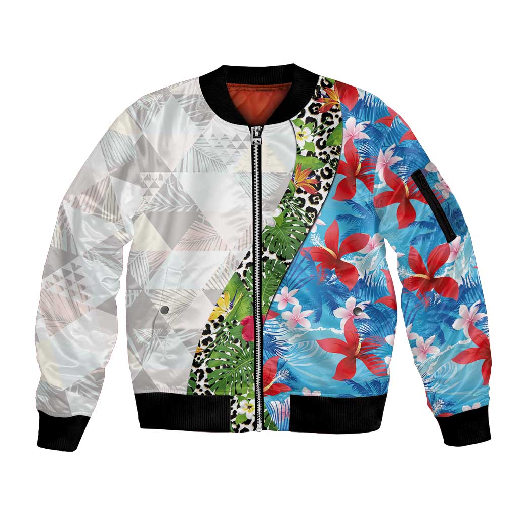Hawaiian Tropical Flowers and Leaves Sleeve Zip Bomber Jacket on Leopard Pattern Half Style White-Blue Version - Polynesian Pride