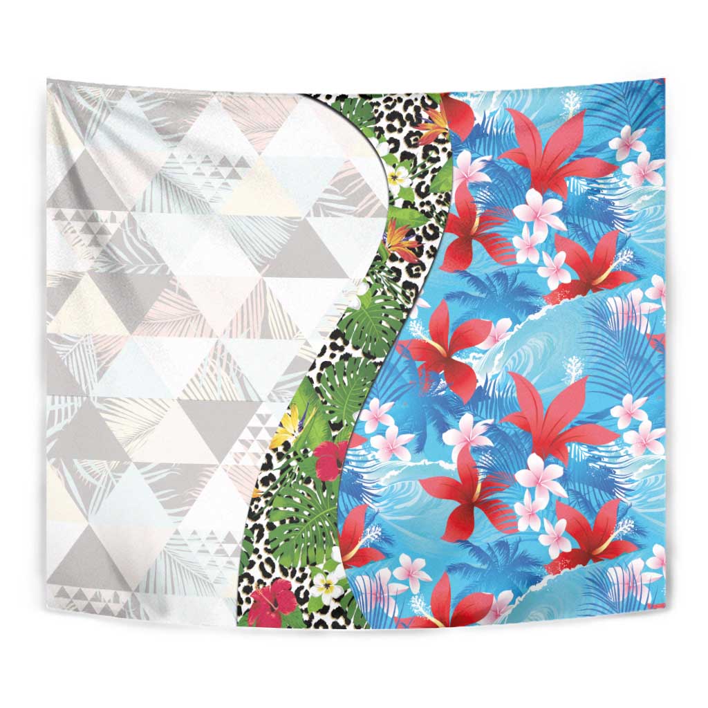 Hawaiian Tropical Flowers and Leaves Tapestry on Leopard Pattern Half Style White-Blue Version - Polynesian Pride