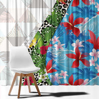 Hawaiian Tropical Flowers and Leaves Window Curtain on Leopard Pattern Half Style White-Blue Version - Polynesian Pride