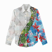 Hawaiian Tropical Flowers and Leaves Women Casual Shirt on Leopard Pattern Half Style White-Blue Version - Polynesian Pride