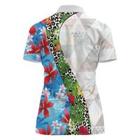 Hawaiian Tropical Flowers and Leaves Women Polo Shirt on Leopard Pattern Half Style White-Blue Version - Polynesian Pride