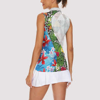 Hawaiian Tropical Flowers and Leaves Women Sleeveless Polo Shirt on Leopard Pattern Half Style White-Blue Version - Polynesian Pride