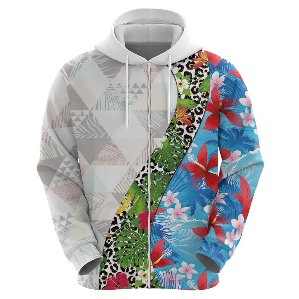 Hawaiian Tropical Flowers and Leaves Zip Hoodie on Leopard Pattern Half Style White-Blue Version - Polynesian Pride