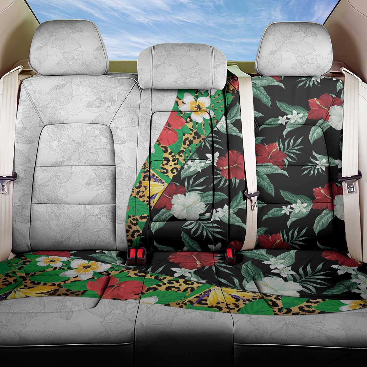 Hawaiian Tropical Flowers and Leaves Back Car Seat Cover on Leopard Pattern Half Style White-Black Version - Polynesian Pride