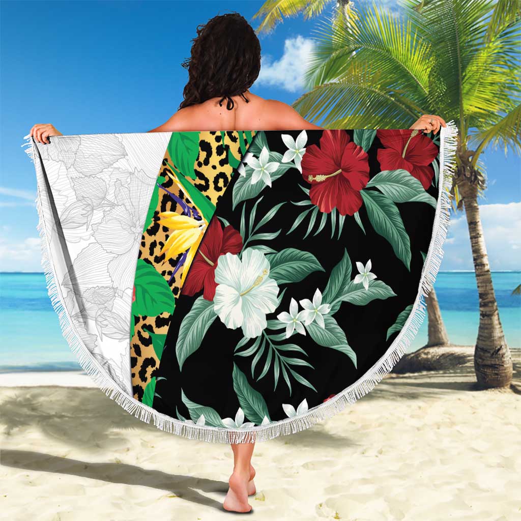 Hawaiian Tropical Flowers and Leaves Beach Blanket on Leopard Pattern Half Style White-Black Version - Polynesian Pride