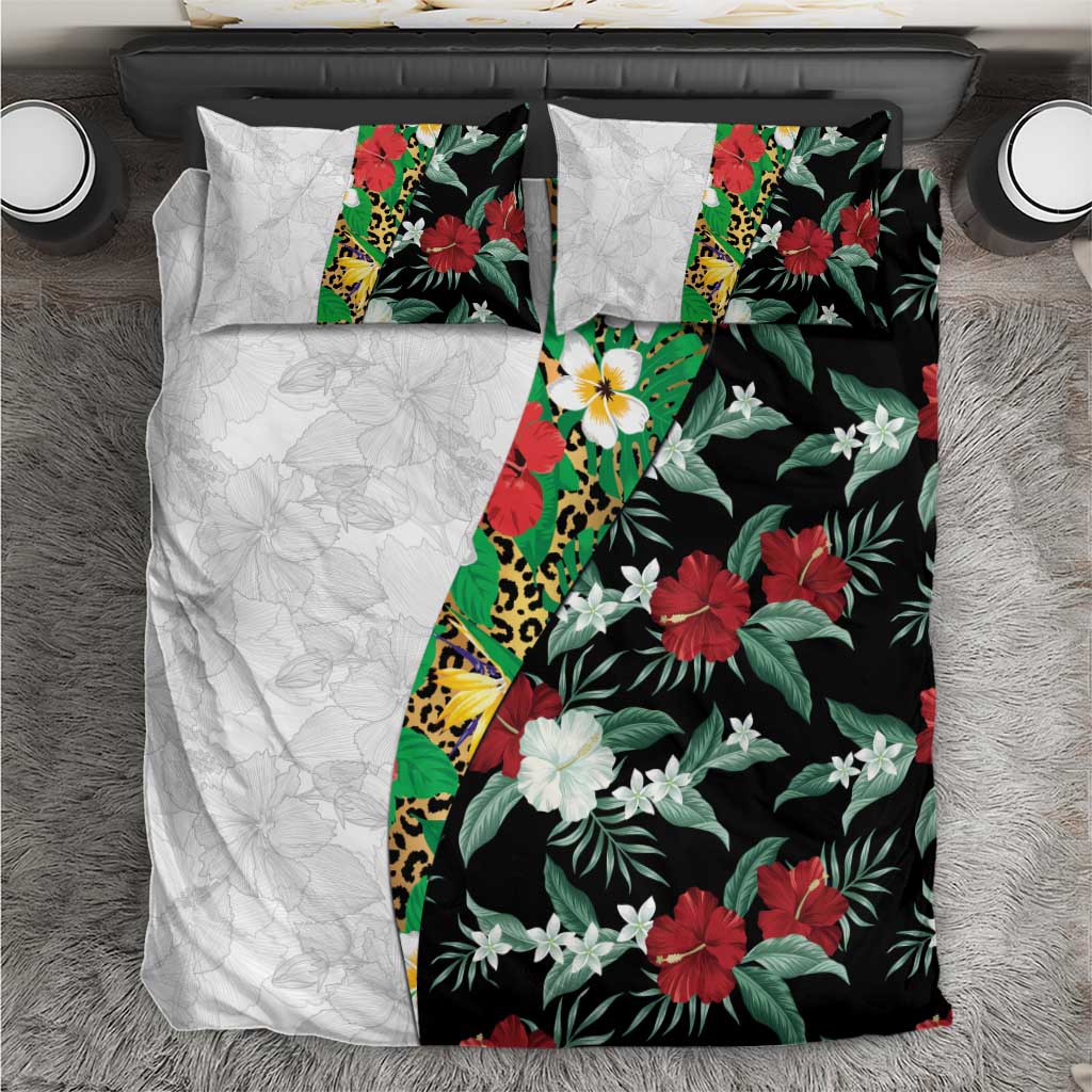 Hawaiian Tropical Flowers and Leaves Bedding Set on Leopard Pattern Half Style White-Black Version - Polynesian Pride