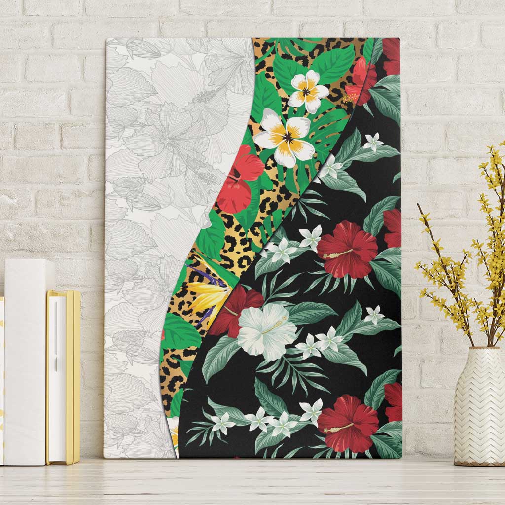 Hawaiian Tropical Flowers and Leaves Canvas Wall Art on Leopard Pattern Half Style White-Black Version - Polynesian Pride