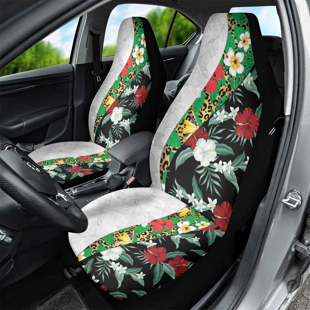 Hawaiian Tropical Flowers and Leaves Car Seat Cover on Leopard Pattern Half Style White-Black Version - Polynesian Pride