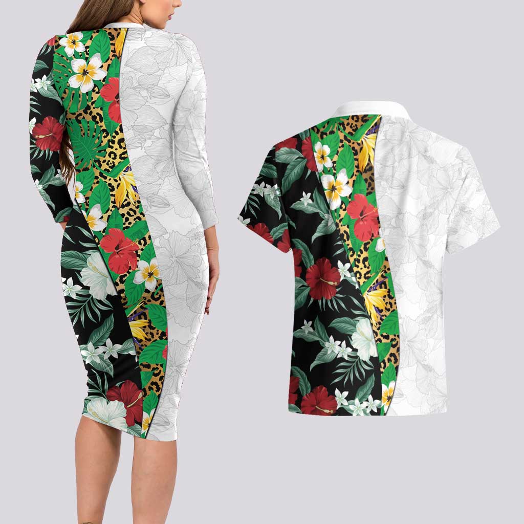 Hawaiian Tropical Flowers and Leaves Couples Matching Long Sleeve Bodycon Dress and Hawaiian Shirt on Leopard Pattern Half Style White-Black Version - Polynesian Pride