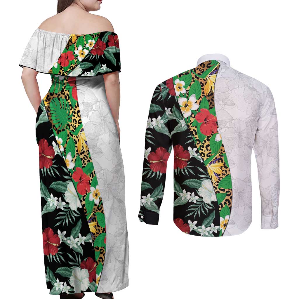 Hawaiian Tropical Flowers and Leaves Couples Matching Off Shoulder Maxi Dress and Long Sleeve Button Shirt on Leopard Pattern Half Style White-Black Version - Polynesian Pride