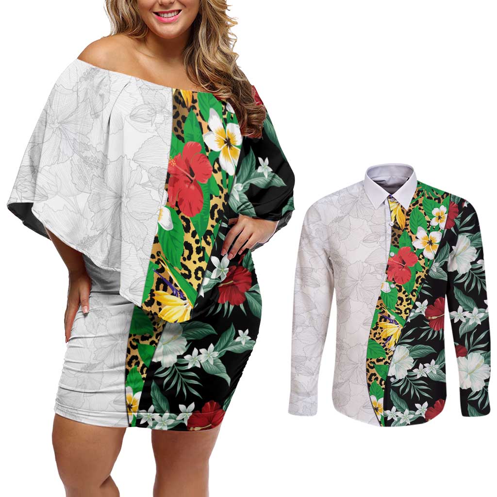 Hawaiian Tropical Flowers and Leaves Couples Matching Off Shoulder Short Dress and Long Sleeve Button Shirt on Leopard Pattern Half Style White-Black Version - Polynesian Pride