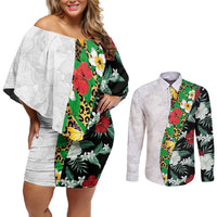 Hawaiian Tropical Flowers and Leaves Couples Matching Off Shoulder Short Dress and Long Sleeve Button Shirt on Leopard Pattern Half Style White-Black Version - Polynesian Pride