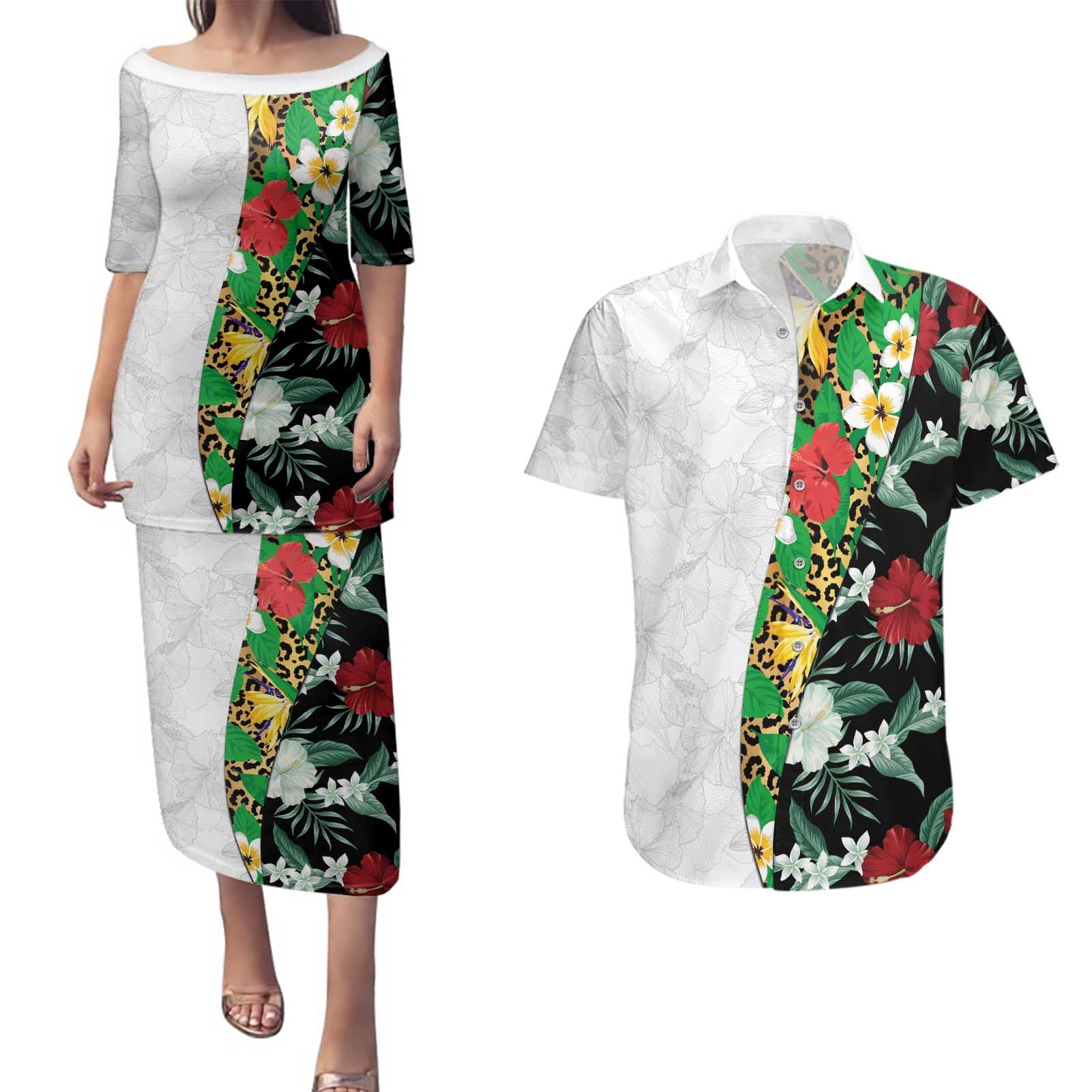 Hawaiian Tropical Flowers and Leaves Couples Matching Puletasi and Hawaiian Shirt on Leopard Pattern Half Style White-Black Version - Polynesian Pride