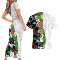 Hawaiian Tropical Flowers and Leaves Couples Matching Short Sleeve Bodycon Dress and Hawaiian Shirt on Leopard Pattern Half Style White-Black Version - Polynesian Pride
