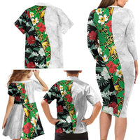 Hawaiian Tropical Flowers and Leaves Family Matching Long Sleeve Bodycon Dress and Hawaiian Shirt on Leopard Pattern Half Style White-Black Version - Polynesian Pride
