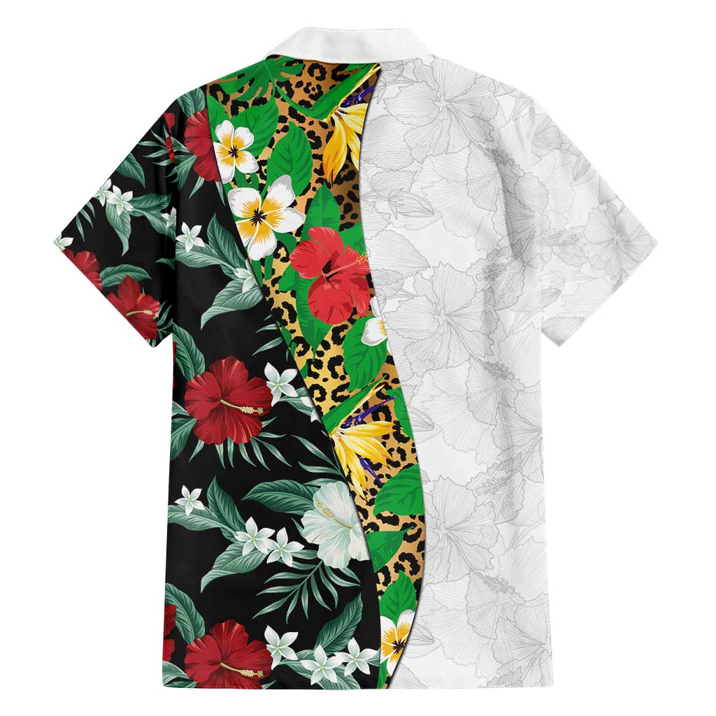 Hawaiian Tropical Flowers and Leaves Family Matching Long Sleeve Bodycon Dress and Hawaiian Shirt on Leopard Pattern Half Style White-Black Version - Polynesian Pride