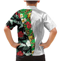 Hawaiian Tropical Flowers and Leaves Family Matching Mermaid Dress and Hawaiian Shirt on Leopard Pattern Half Style White-Black Version - Polynesian Pride