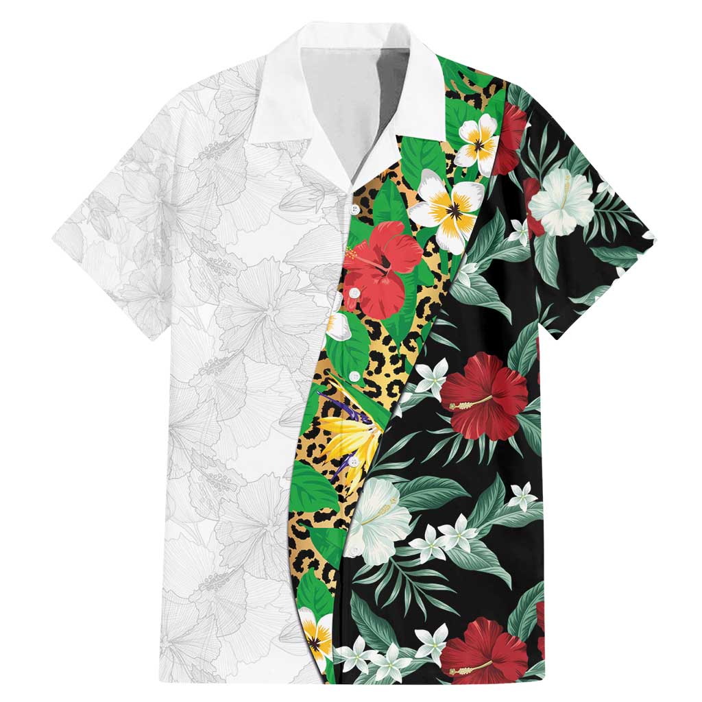 Hawaiian Tropical Flowers and Leaves Family Matching Mermaid Dress and Hawaiian Shirt on Leopard Pattern Half Style White-Black Version - Polynesian Pride