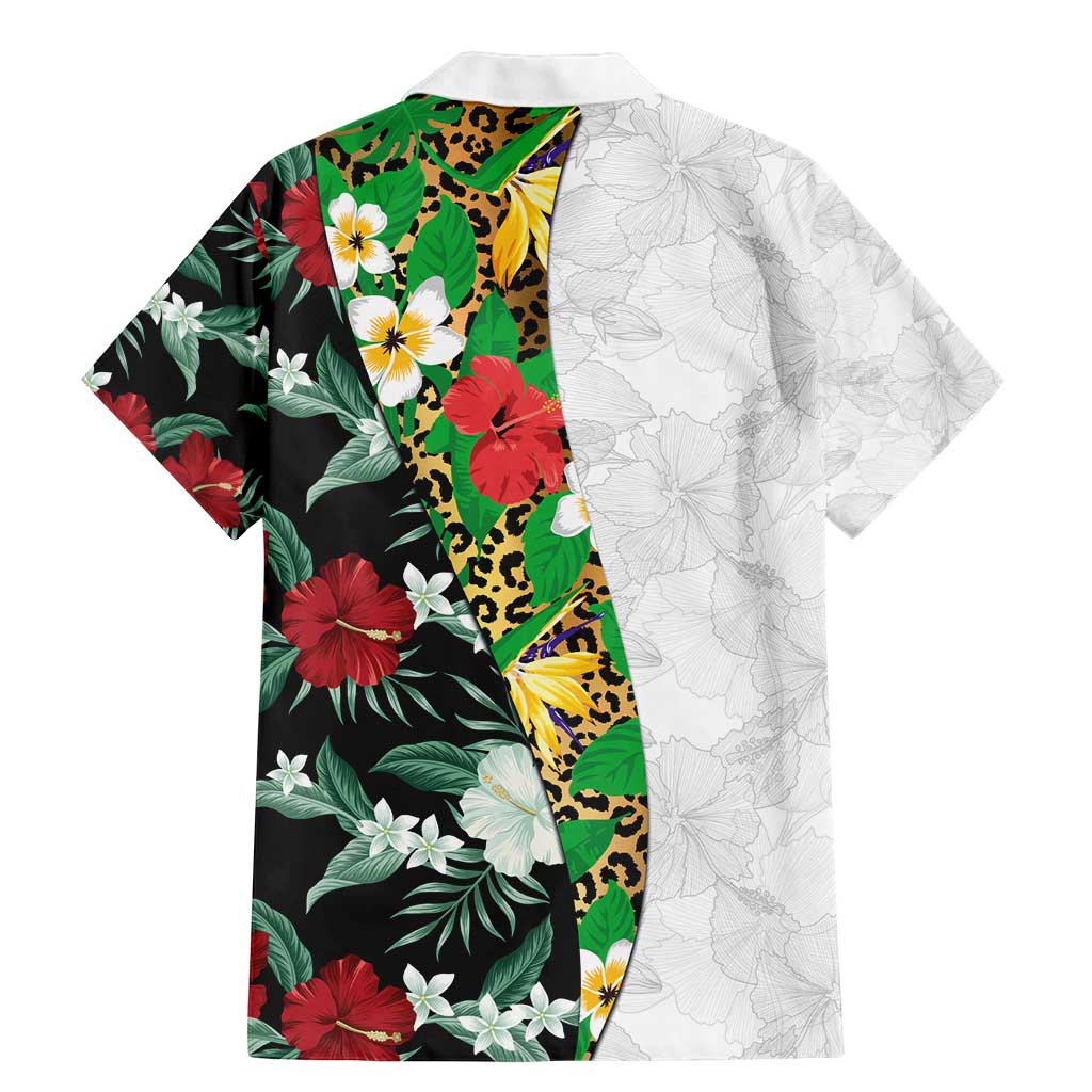Hawaiian Tropical Flowers and Leaves Family Matching Mermaid Dress and Hawaiian Shirt on Leopard Pattern Half Style White-Black Version - Polynesian Pride