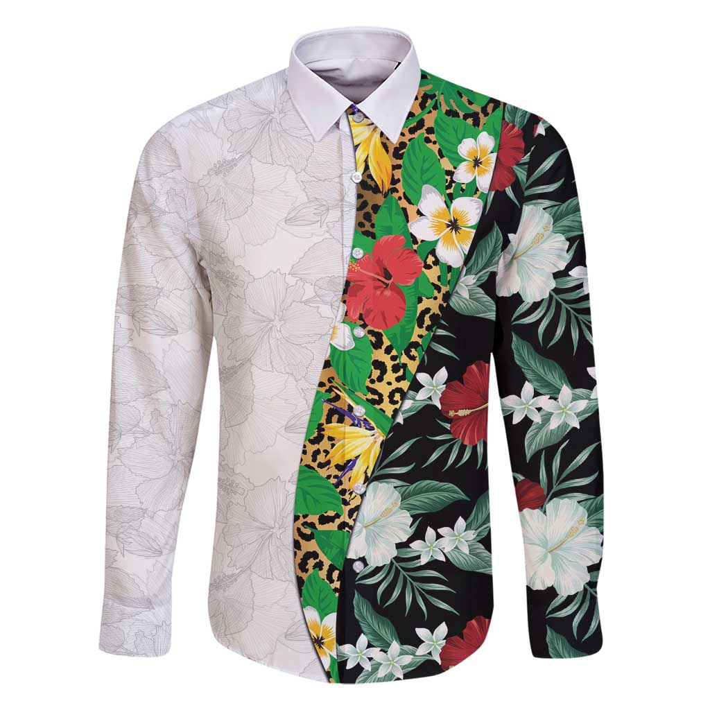 Hawaiian Tropical Flowers and Leaves Family Matching Mermaid Dress and Hawaiian Shirt on Leopard Pattern Half Style White-Black Version - Polynesian Pride