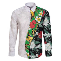 Hawaiian Tropical Flowers and Leaves Family Matching Mermaid Dress and Hawaiian Shirt on Leopard Pattern Half Style White-Black Version - Polynesian Pride