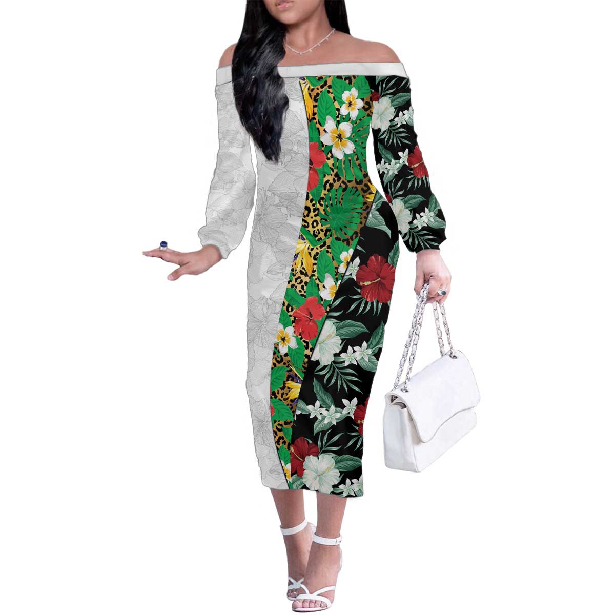 Hawaiian Tropical Flowers and Leaves Family Matching Off The Shoulder Long Sleeve Dress and Hawaiian Shirt on Leopard Pattern Half Style White-Black Version - Polynesian Pride
