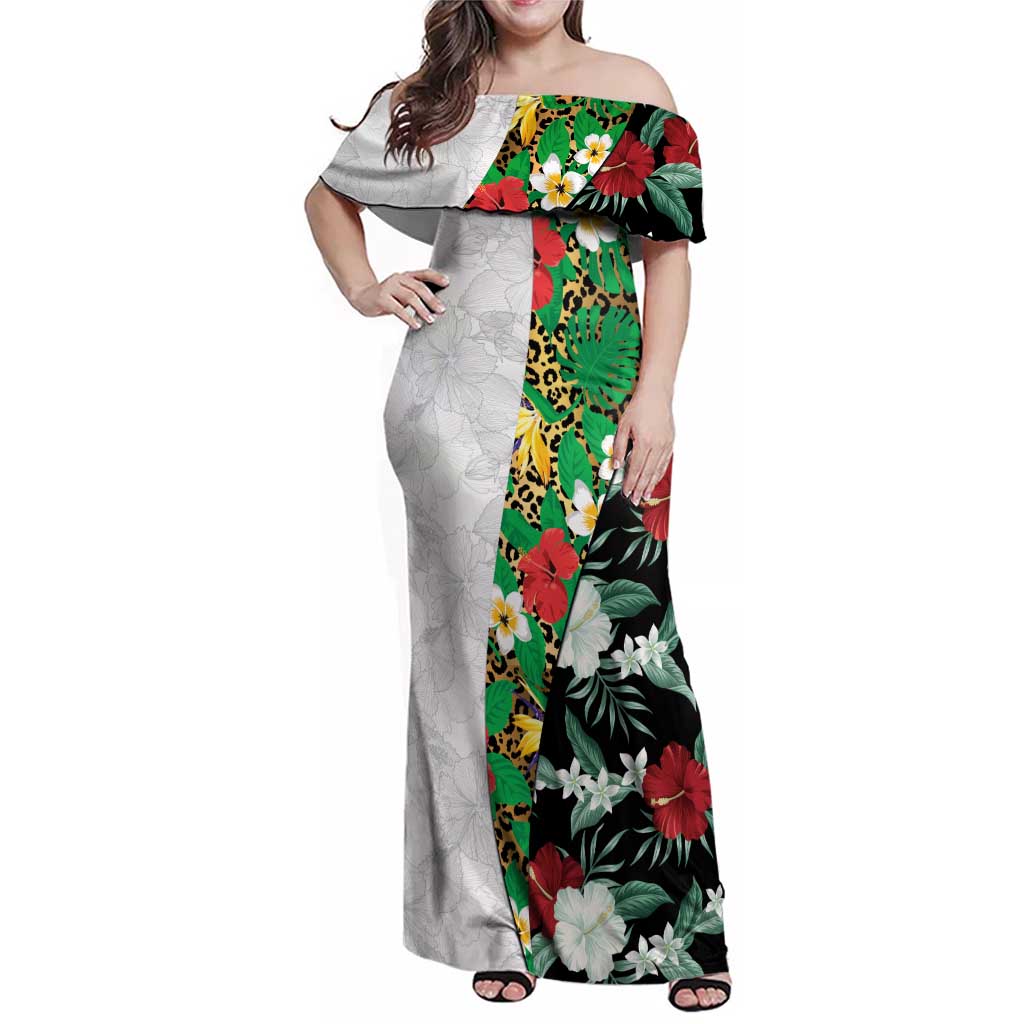 Hawaiian Tropical Flowers and Leaves Family Matching Off Shoulder Maxi Dress and Hawaiian Shirt on Leopard Pattern Half Style White-Black Version - Polynesian Pride