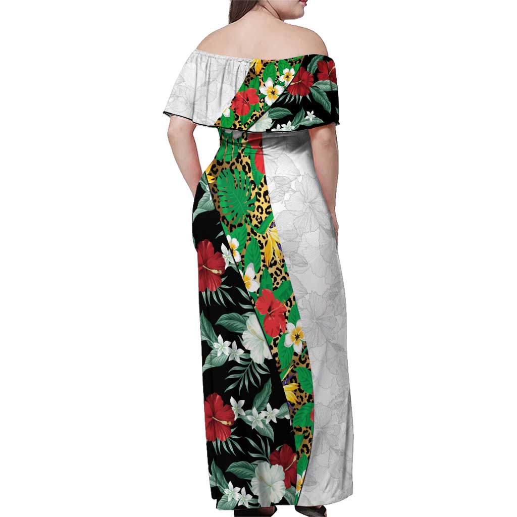 Hawaiian Tropical Flowers and Leaves Family Matching Off Shoulder Maxi Dress and Hawaiian Shirt on Leopard Pattern Half Style White-Black Version - Polynesian Pride