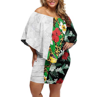 Hawaiian Tropical Flowers and Leaves Family Matching Off Shoulder Short Dress and Hawaiian Shirt on Leopard Pattern Half Style White-Black Version - Polynesian Pride