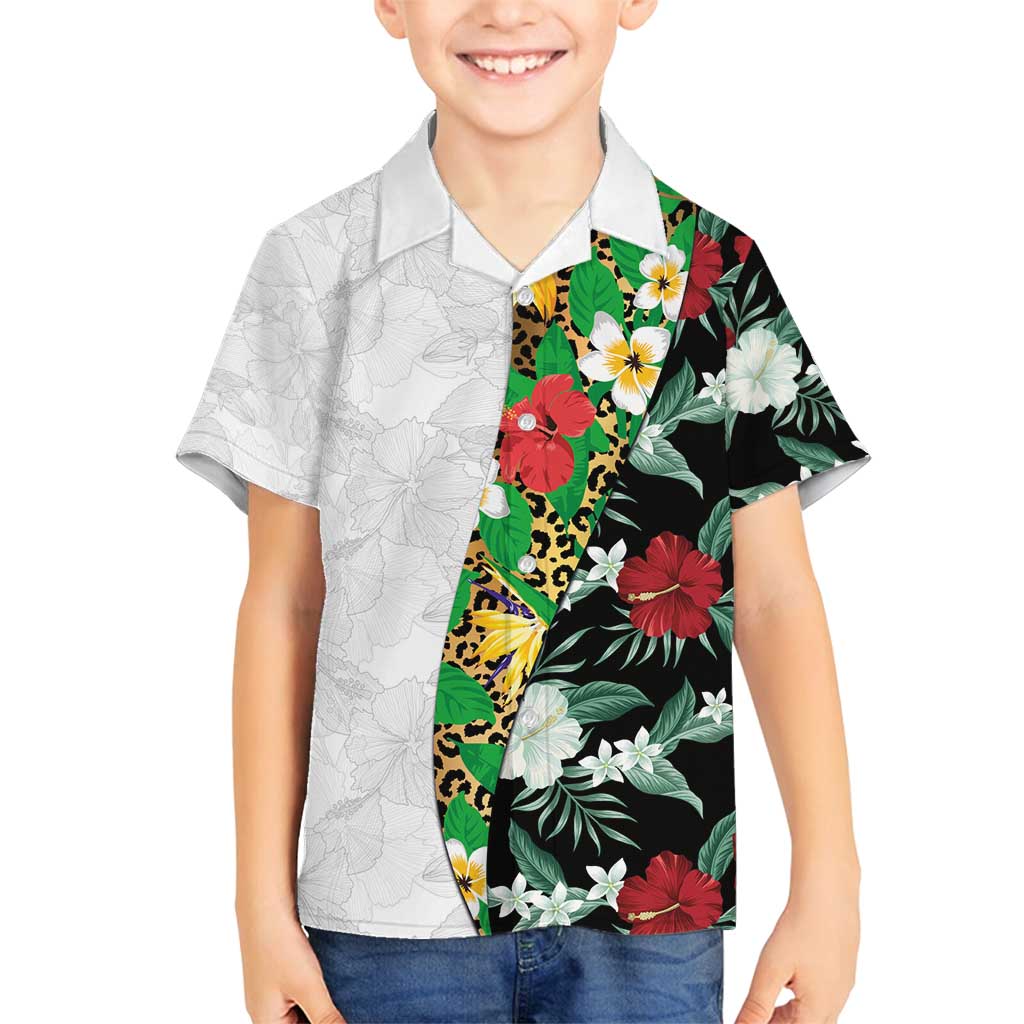 Hawaiian Tropical Flowers and Leaves Family Matching Off Shoulder Short Dress and Hawaiian Shirt on Leopard Pattern Half Style White-Black Version - Polynesian Pride
