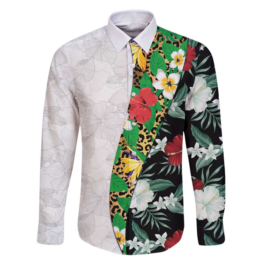 Hawaiian Tropical Flowers and Leaves Family Matching Puletasi and Hawaiian Shirt on Leopard Pattern Half Style White-Black Version - Polynesian Pride