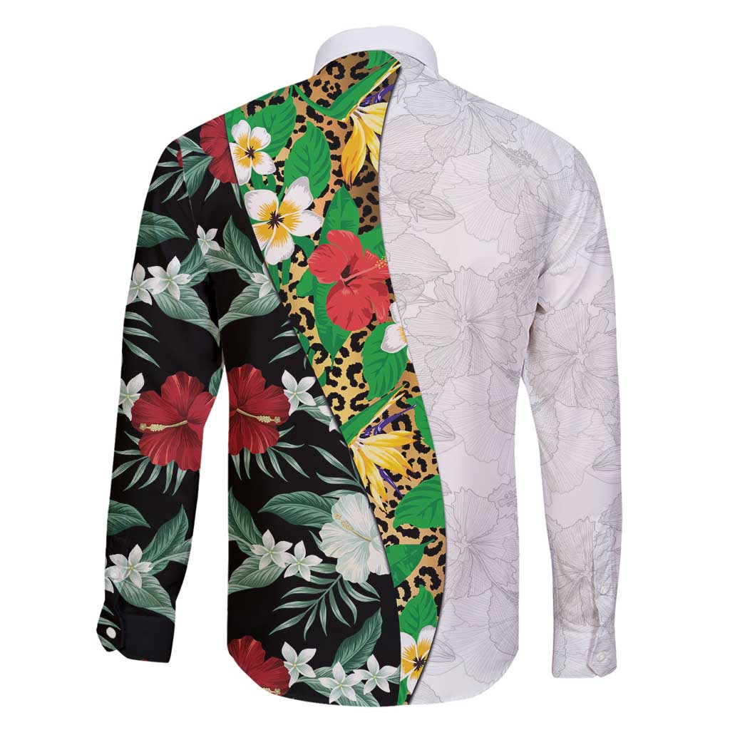 Hawaiian Tropical Flowers and Leaves Family Matching Summer Maxi Dress and Hawaiian Shirt on Leopard Pattern Half Style White-Black Version - Polynesian Pride