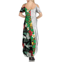 Hawaiian Tropical Flowers and Leaves Family Matching Summer Maxi Dress and Hawaiian Shirt on Leopard Pattern Half Style White-Black Version - Polynesian Pride