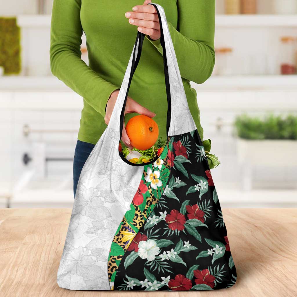 Hawaiian Tropical Flowers and Leaves Grocery Bag on Leopard Pattern Half Style White-Black Version - Polynesian Pride