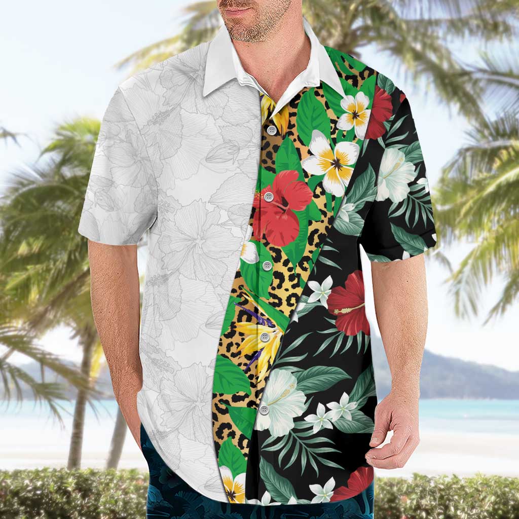 Hawaiian Tropical Flowers and Leaves Hawaiian Shirt on Leopard Pattern Half Style White-Black Version - Polynesian Pride