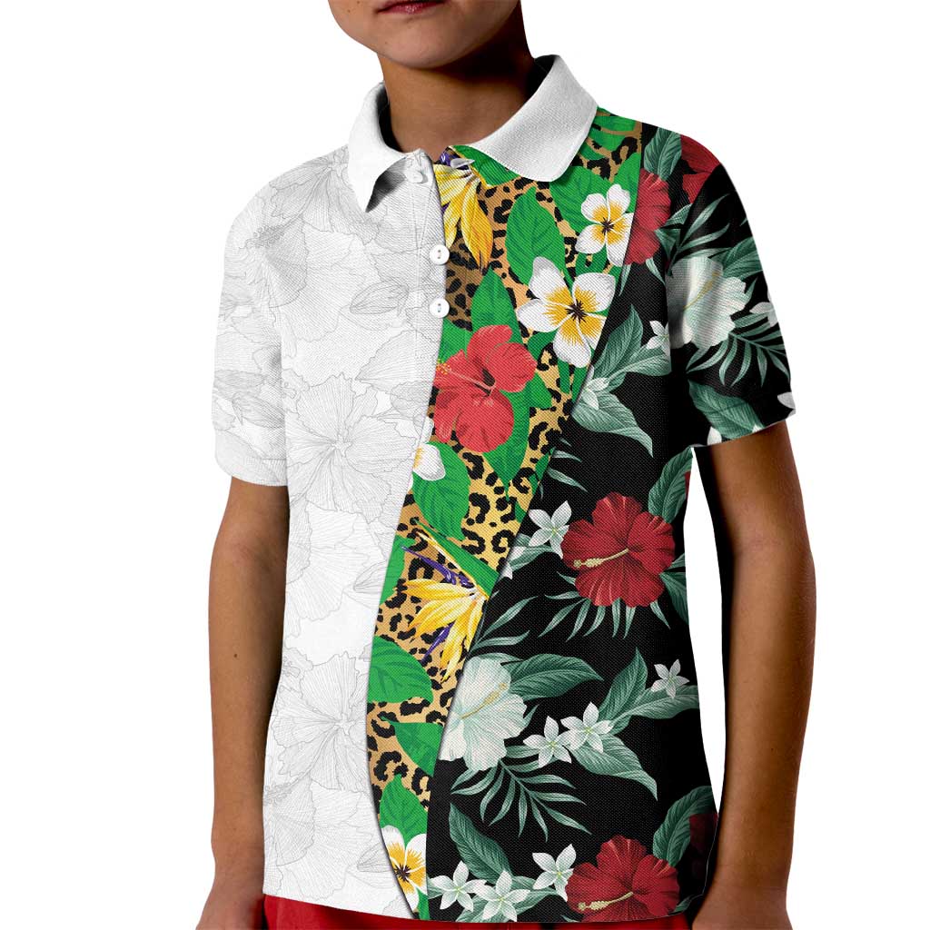 Hawaiian Tropical Flowers and Leaves Kid Polo Shirt on Leopard Pattern Half Style White-Black Version - Polynesian Pride