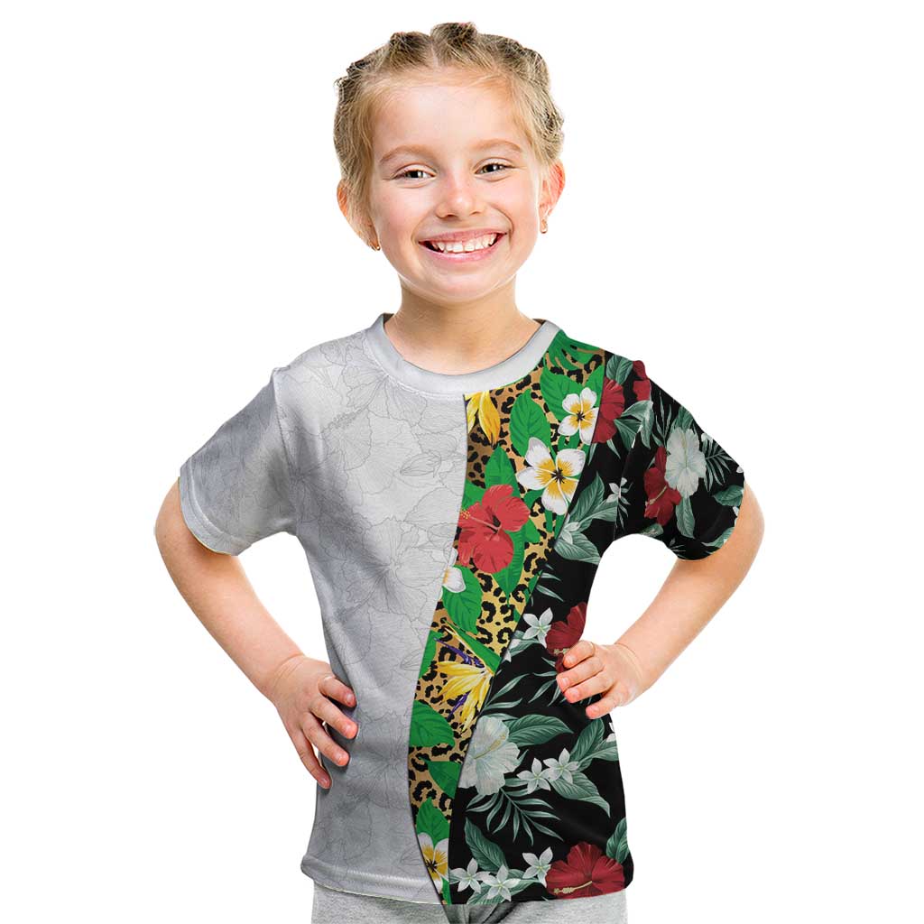 Hawaiian Tropical Flowers and Leaves Kid T Shirt on Leopard Pattern Half Style White-Black Version - Polynesian Pride