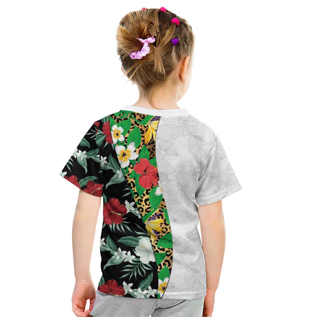 Hawaiian Tropical Flowers and Leaves Kid T Shirt on Leopard Pattern Half Style White-Black Version - Polynesian Pride